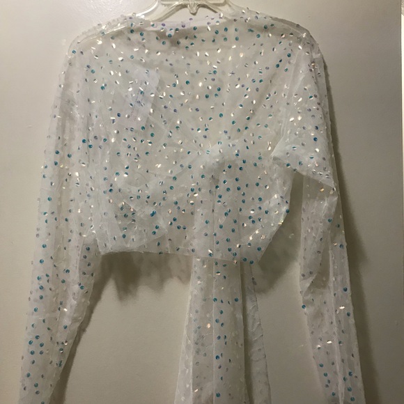 Hot & Delicious Mesh Tie Front Wrap Long Sleeve Cropped Top sparkly sheer - Picture 2 of 5
